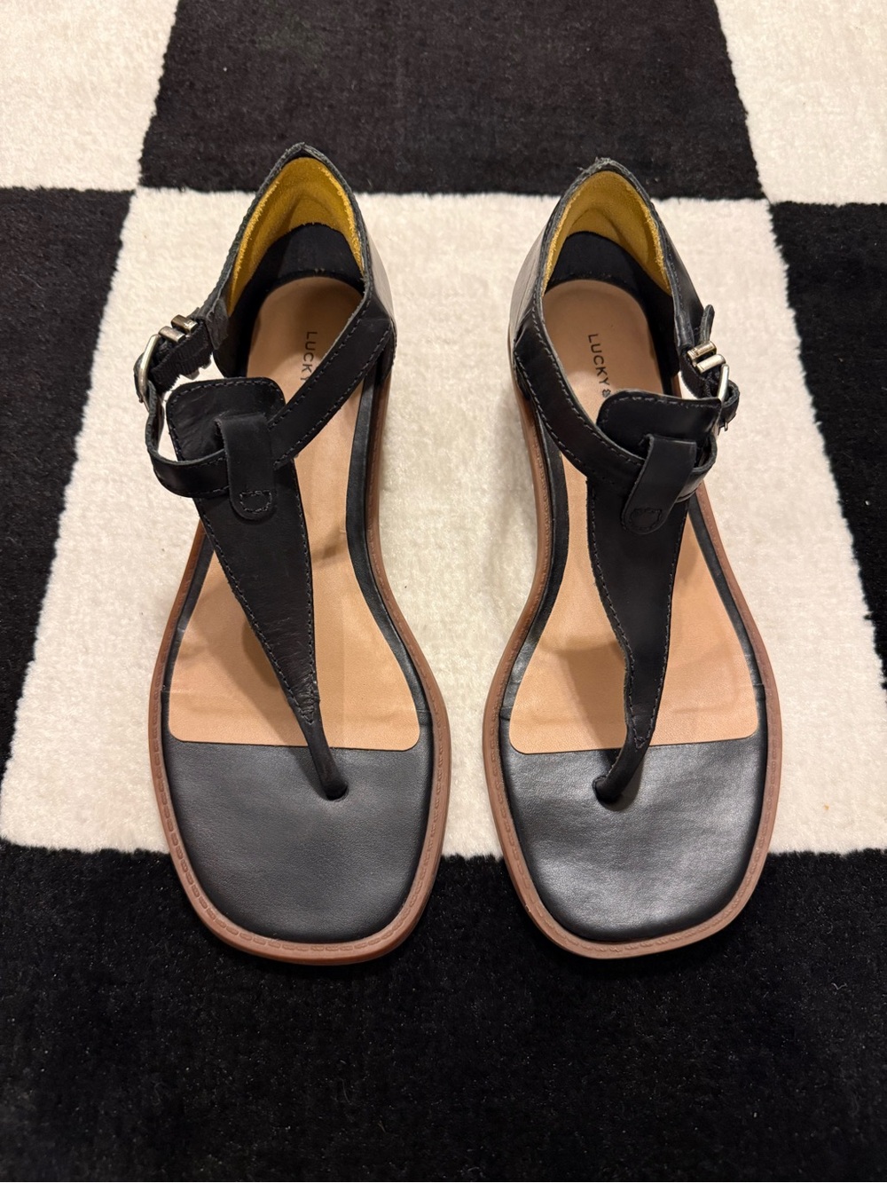 Lucky Brand Black Leather T-Strap Sandals with Brown Trim